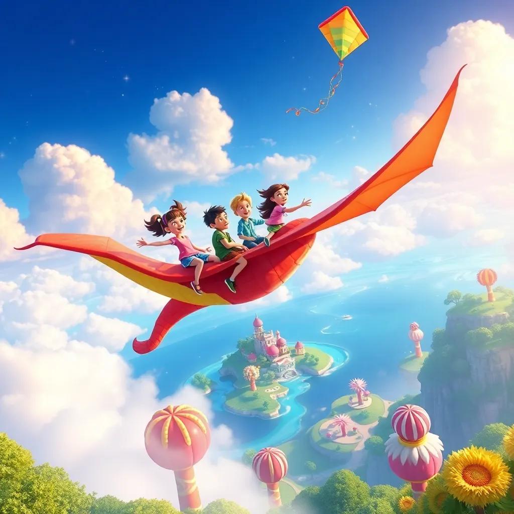 Lucy, Max, and Bella riding Kiki, the kite dragon, high above the clouds, looking down at a magical island with candy trees and lemonade rivers, sparkling sky, joyful colors, imaginative landscape, vibrant