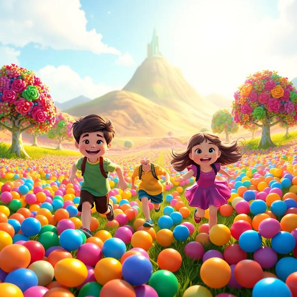 The children exploring the magical island, running through fields of gumdrops with chocolate hills in the background, sunny day, whimsical scene, colorful candy trees with playful expressions, high energy, magical feel