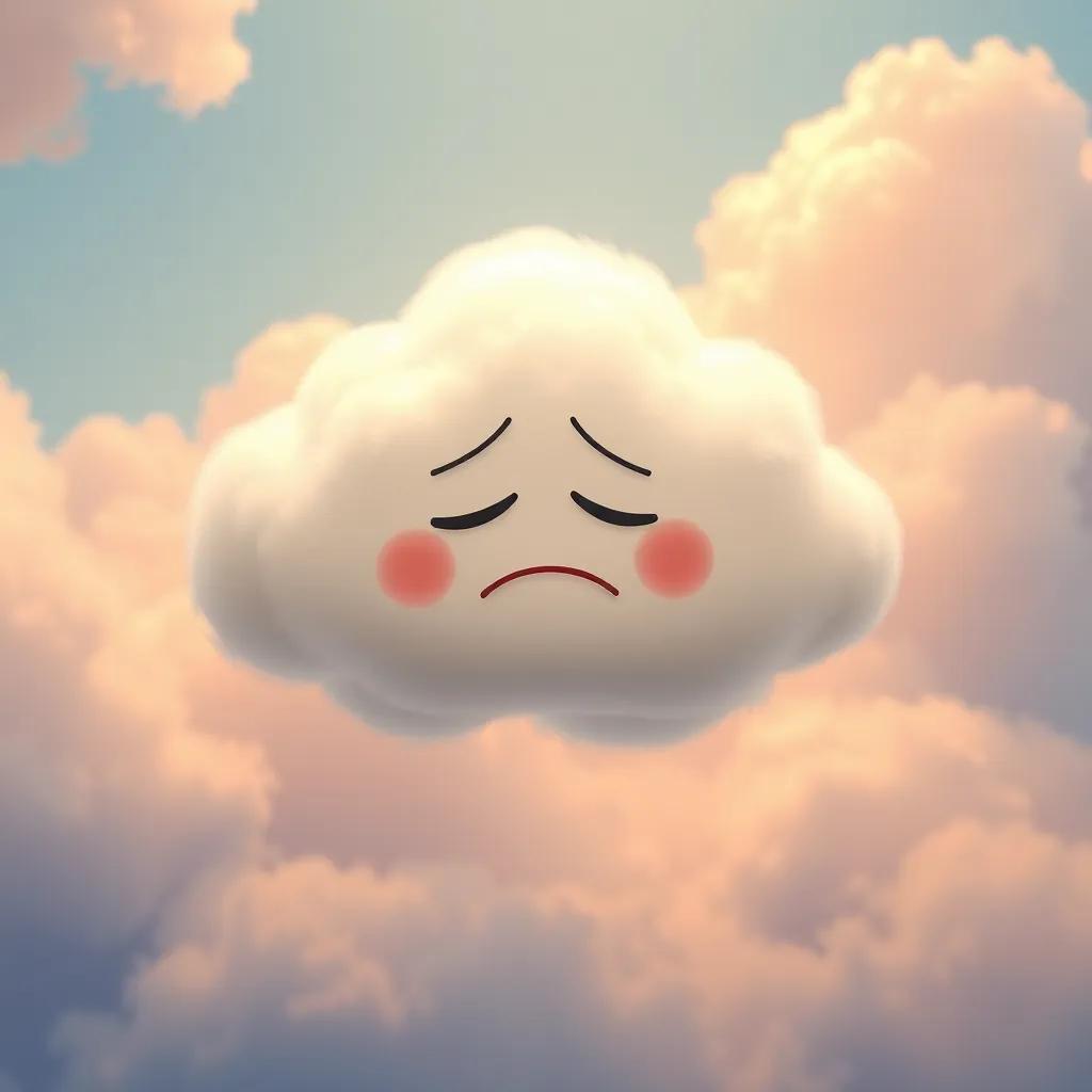 A little cloud, looking sad and droopy, floats gently in the air, with Lucy and her friends comforting it, fluffy background, serene, inviting atmosphere, heartwarming scene, rich colors, engaging composition
