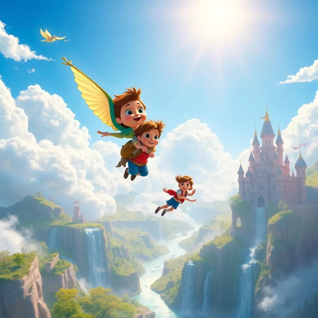 Kiki flying through the sky, with Lucy, Max, and Bella looking down at a landscape of fluffy castles and sparkling waterfalls, adventure-filled, radiant sunshine, high-quality illustration, enchanting detail