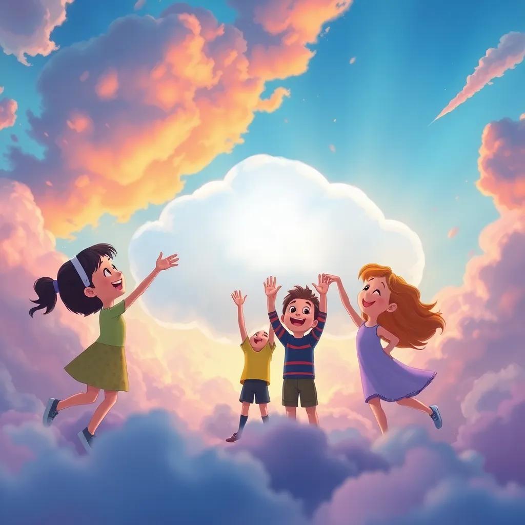 The cloud family rejoicing as Lucy, Max, and Bella return the lost cloud, surrounded by a colorful sky and vibrant surroundings, joyful celebration, dynamic, uplifting imagery, child-friendly illustration