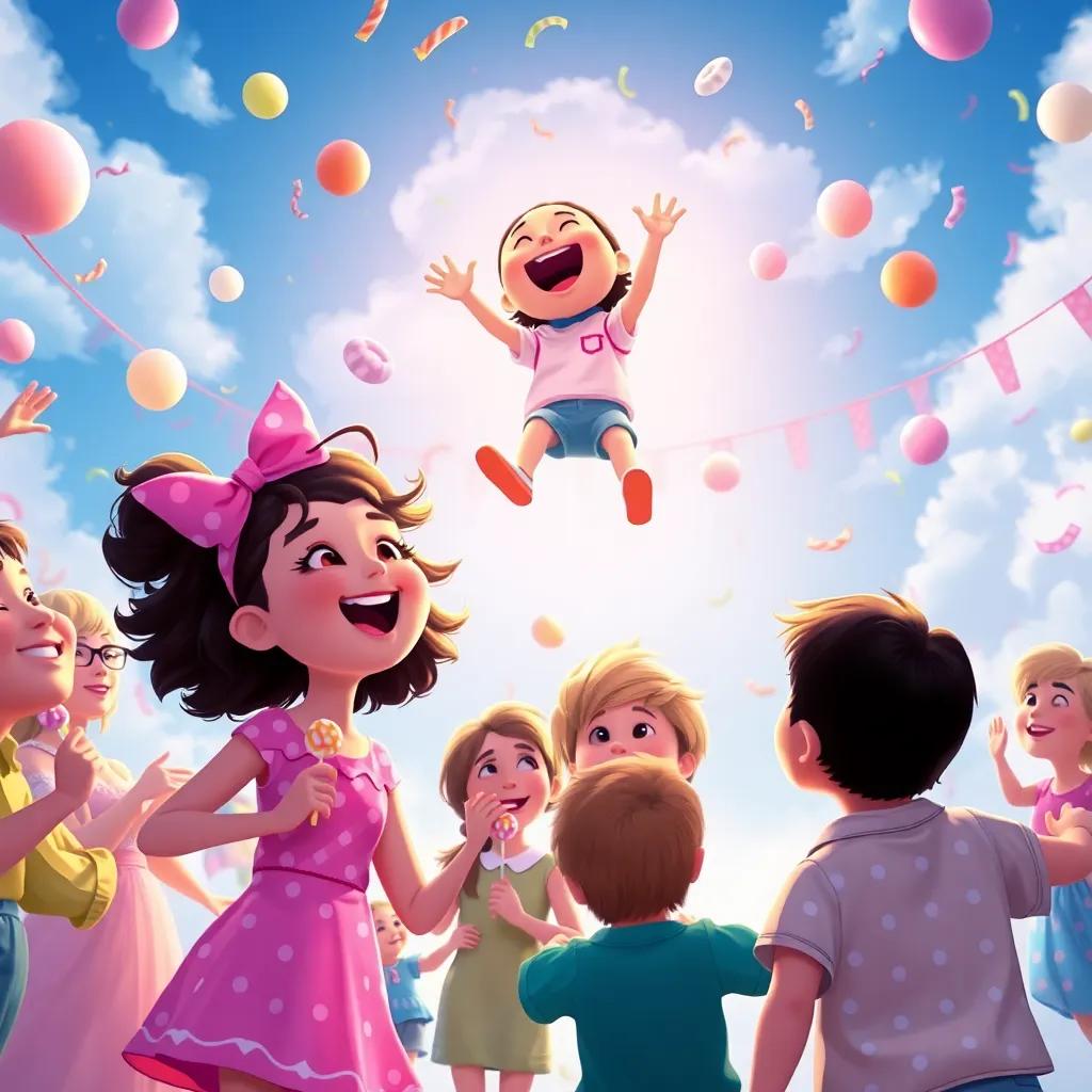 The sky party scene with children dancing, eating candy, and celebrating, Kiki flying around in joy, vibrant colors and a fun-filled atmosphere, jubilant expressions, engaging artsy depiction, storytelling view