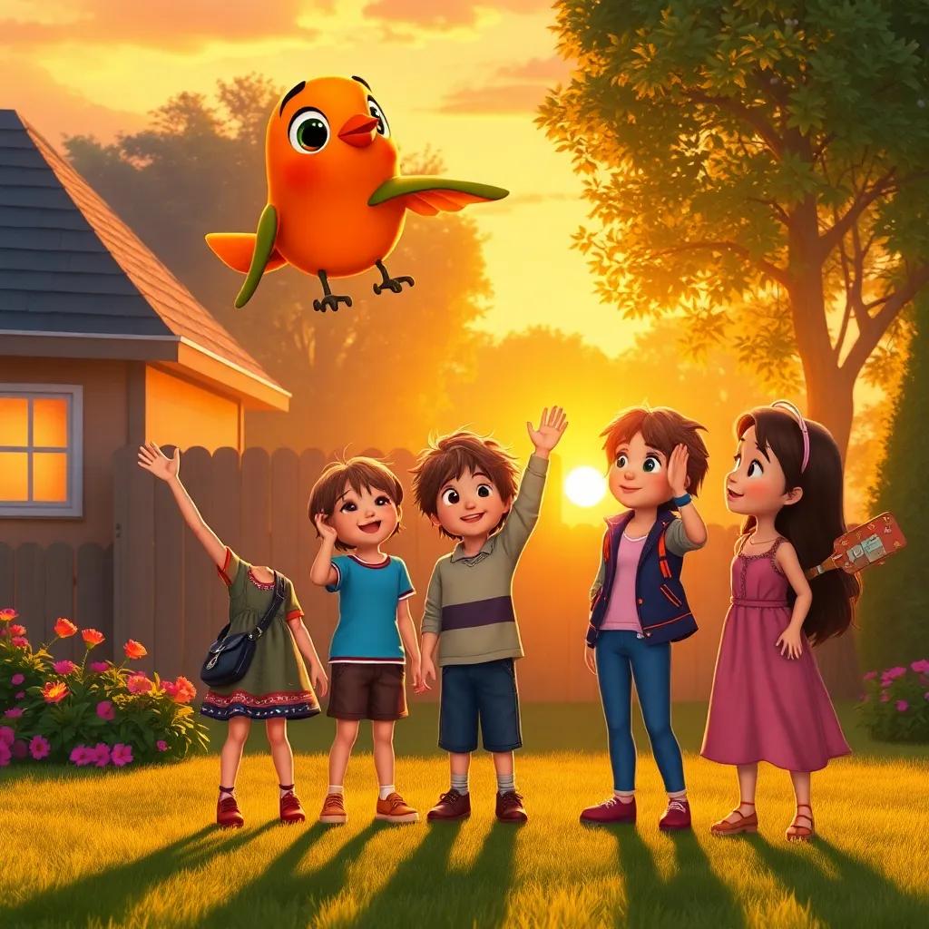 Lucy, Max, and Bella waving goodbye to Kiki as they land in their backyard, golden sunset casting warm light, memories of adventure in their eyes, nostalgic moment, vibrant color palette, heartwarming image