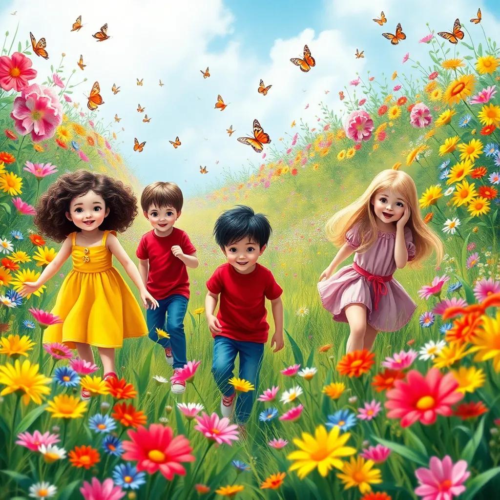 A colorful meadow filled with vibrant flowers and butterflies, three children: Mia, a young girl with curly brown hair in a yellow dress, Sam, a boy with short black hair wearing a red t-shirt and blue jeans, and Lena, a girl with straight blonde hair in a pink outfit, excitedly exploring the meadow, digital art, bright colors, sunny day, joyful atmosphere, high quality