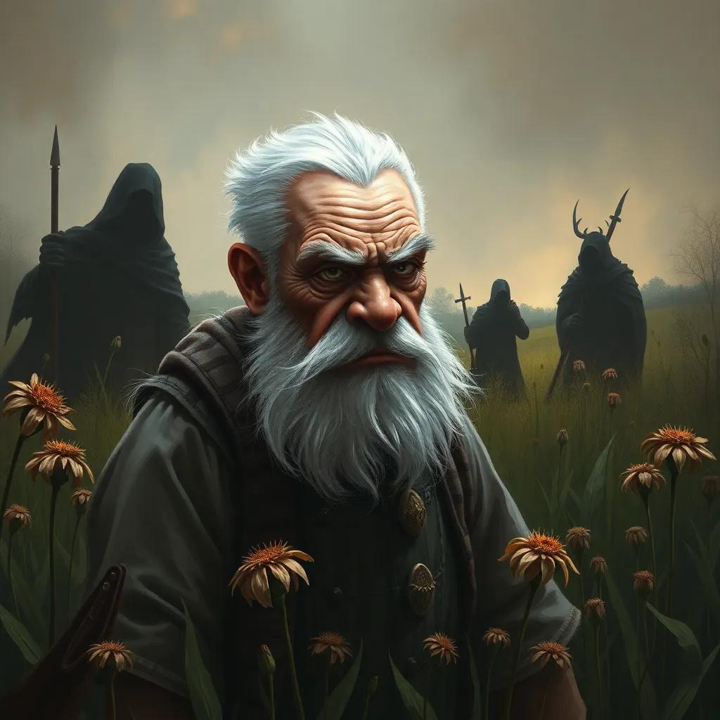 A grumpy old man with short white hair and a frown, Mr. Grumble, standing near the edge of the meadow, plotting with shadowy figures, surrounded by wilted flowers, digital art, dark colors, ominous vibe, high quality