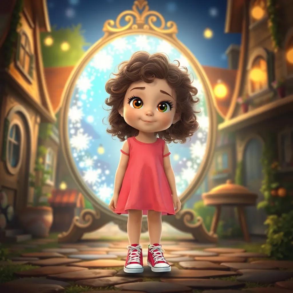 A young girl, Ella, with curly brown hair, wearing a bright dress and sneakers, standing in front of a magical mirror surrounded by a sparkling light in a cozy village, digital art, cheerful colors, inviting atmosphere, whimsical perspective, high quality
