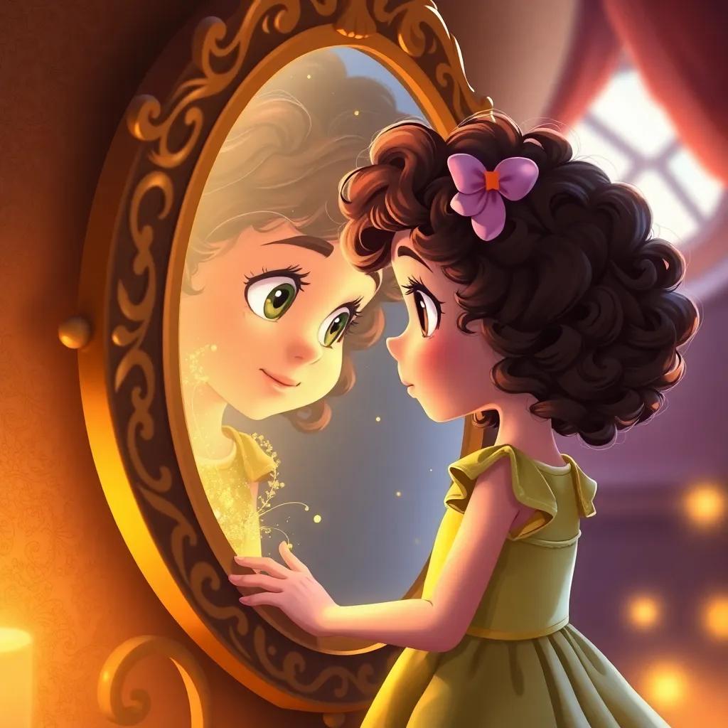 Ella, a young girl with curly brown hair in a bright dress, peeking into the enchanted mirror that reflects kindness and gentle spirits, with a soft glow lighting her face, detailed digital illustration, warm colors, heartwarming scene, high quality, captivating