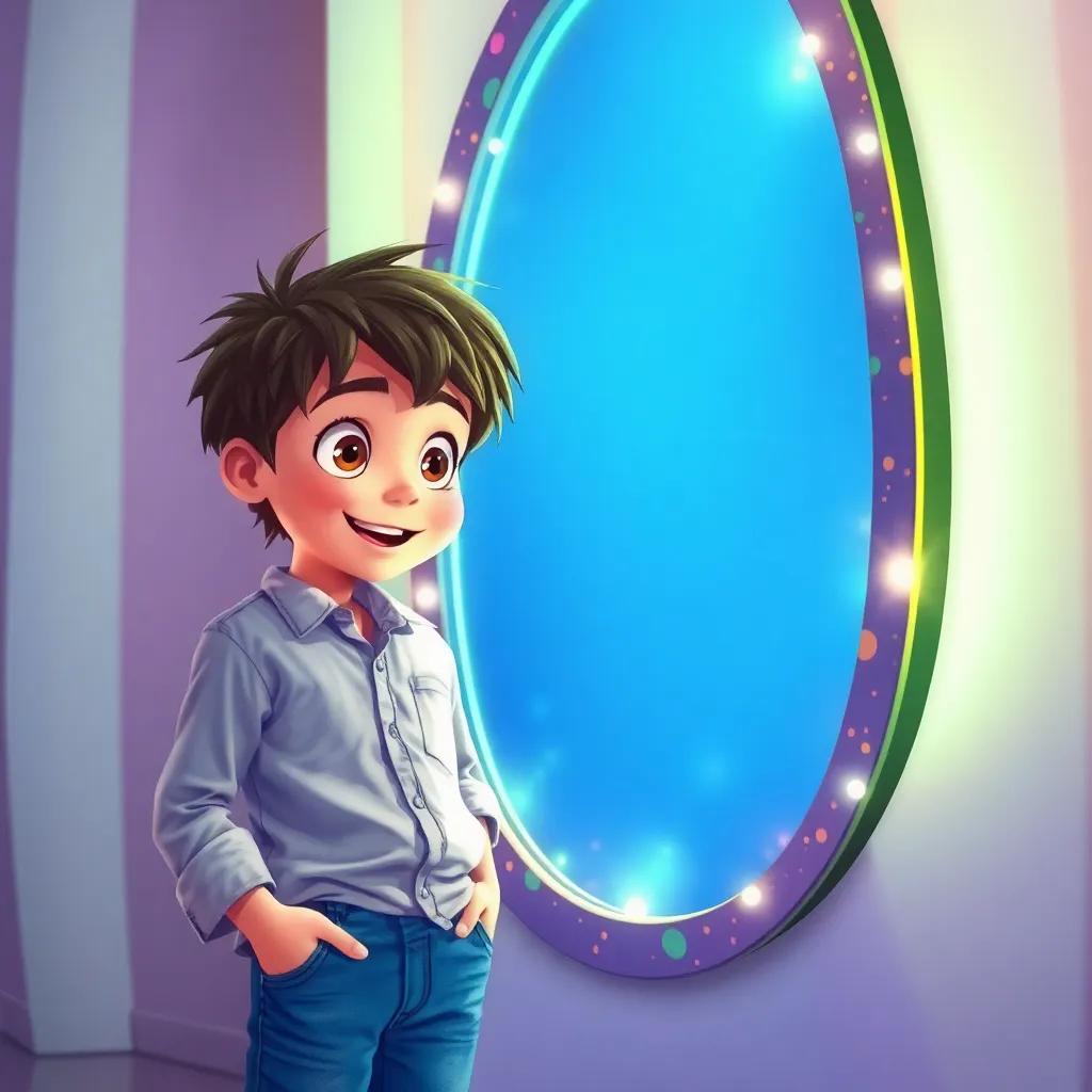 A young boy with messy hair, wearing a simple shirt and jeans, looking surprised into the enchanted mirror, showing a reflection of himself smiling with kindness, surrounded by vibrant colors, digital art, cheerful, uplifting atmosphere, high quality