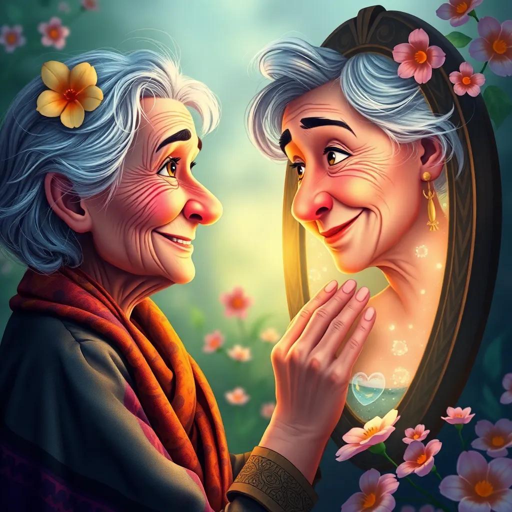 An elderly woman with gray hair and a warm smile, wearing a colorful shawl, gazing into the enchanted mirror that reveals her youthful spirit, surrounded by flowers and soft light, detailed digital art, beautiful, vibrant colors, high quality