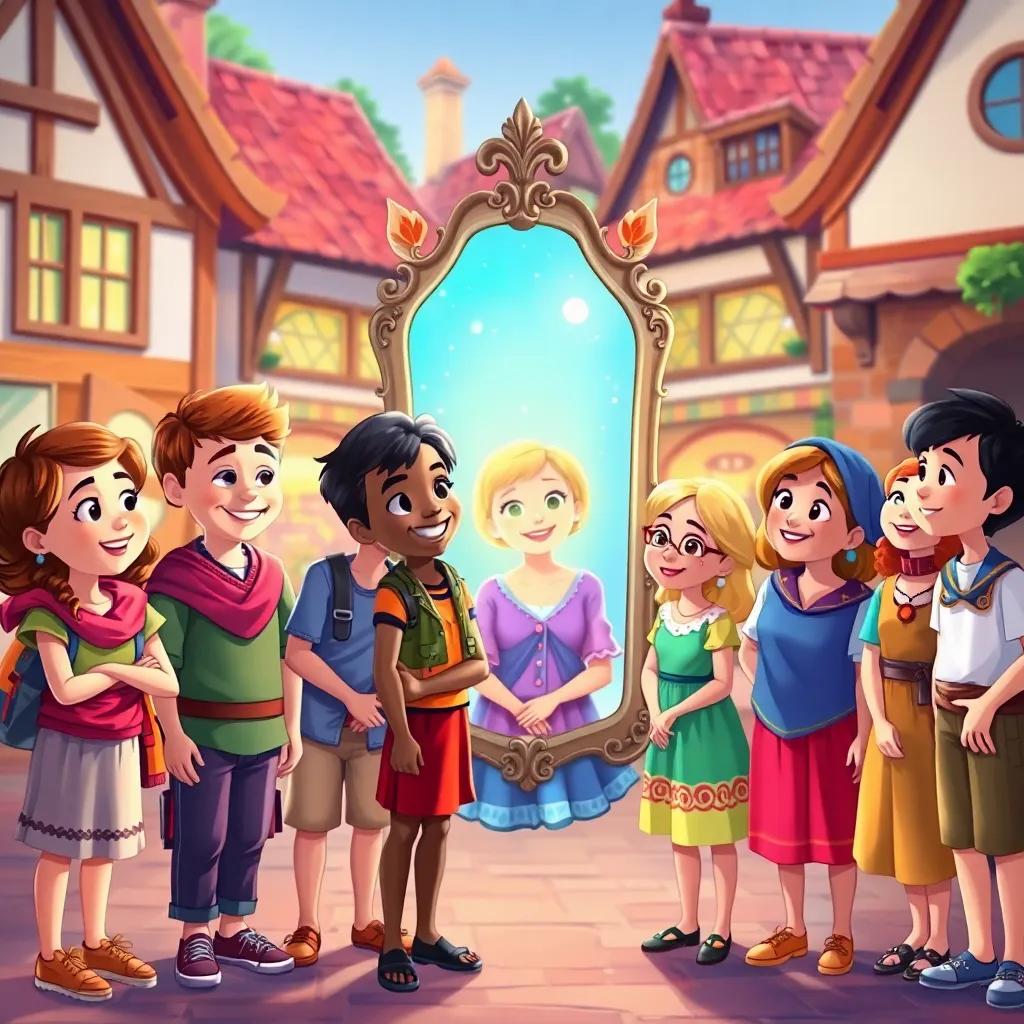 A diverse group of villagers, including boys and girls of different ethnicities and ages, standing together and smiling as they gaze into the enchanted mirror, showing their inner beauty, in a lively village square, illustration, joyful, bright colors, high quality
