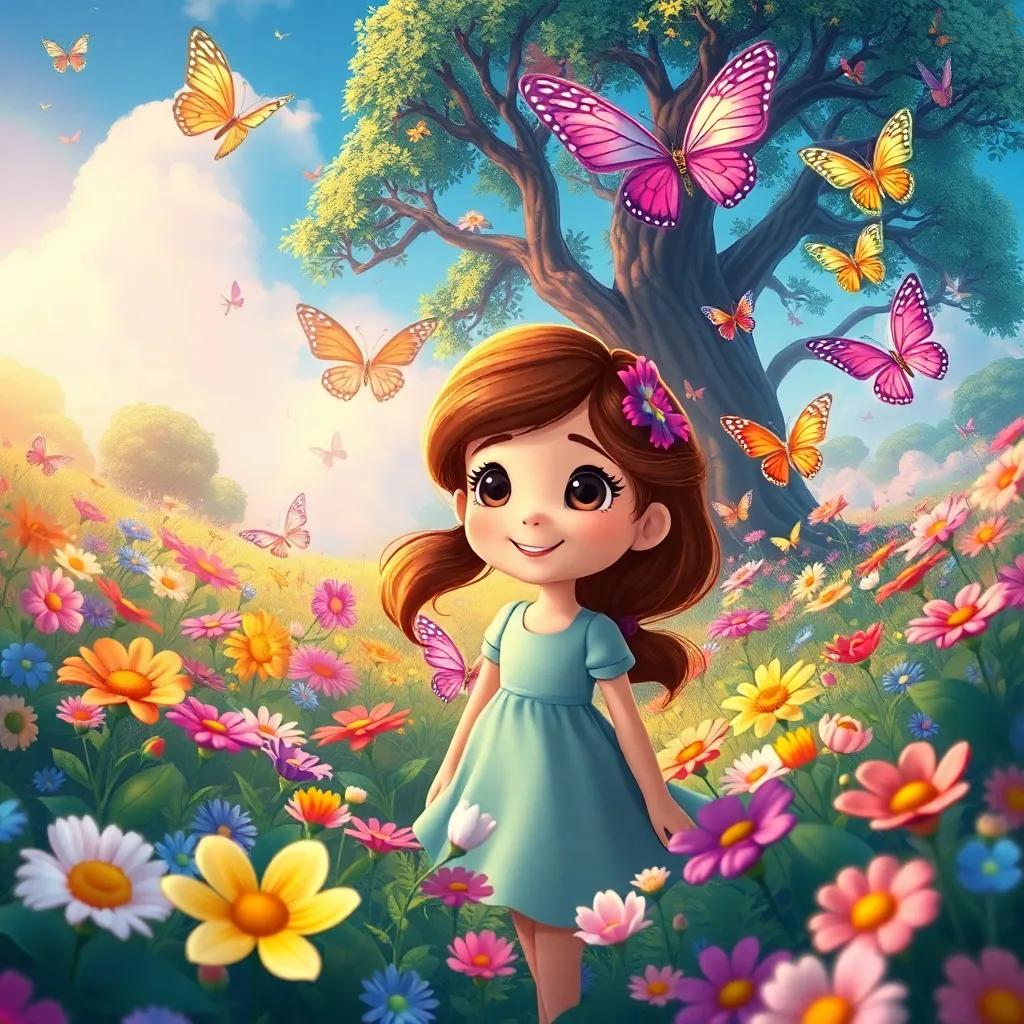 Sophie in a magical land full of colorful flowers and giant butterflies, with trees that seem to sing, enchanting scenery, vibrant colors, joyful mood, fantasy illustration