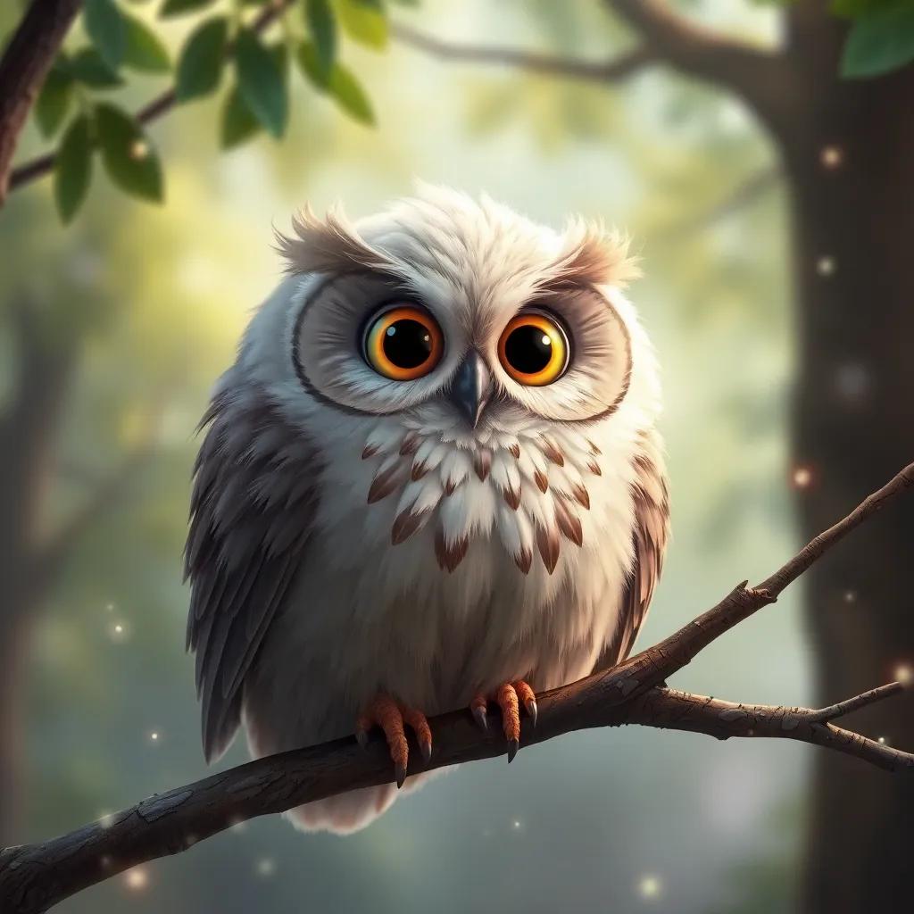 A wise owl with big, round eyes and fluffy feathers, perched on a tree branch, smiling cunningly at Sophie, surrounded by sparkling fairy dust, whimsical atmosphere