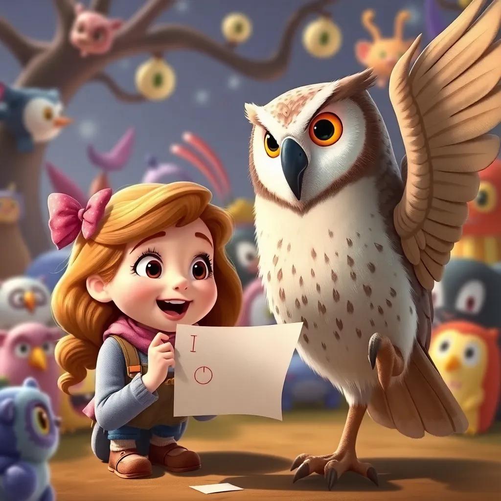 Sophie excitedly solving a riddle with the wise owl, the owl flapping its wings in encouragement, playful background of magical creatures, cheerful scene