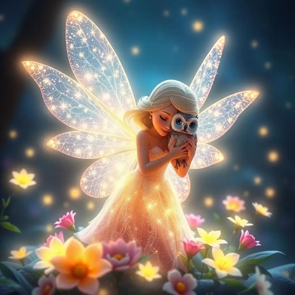 A sparkling fairy with shimmering wings, glowing softly, thanking Sophie for helping her friend the owl, surrounded by glowing flowers and magical lights