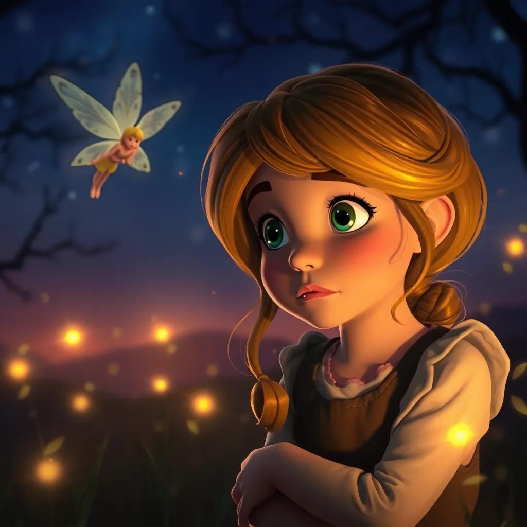Sophie, looking determined, listening to the last riddle whispered by the fairy, a magical twilight setting with glowing stars and fireflies