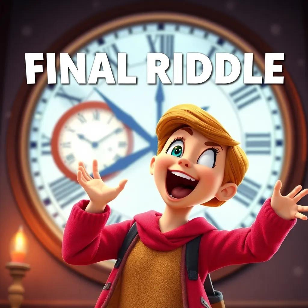 Sophie joyfully shouting the answer to the final riddle, a clock in the background, her face glowing with excitement, bright and lively colors
