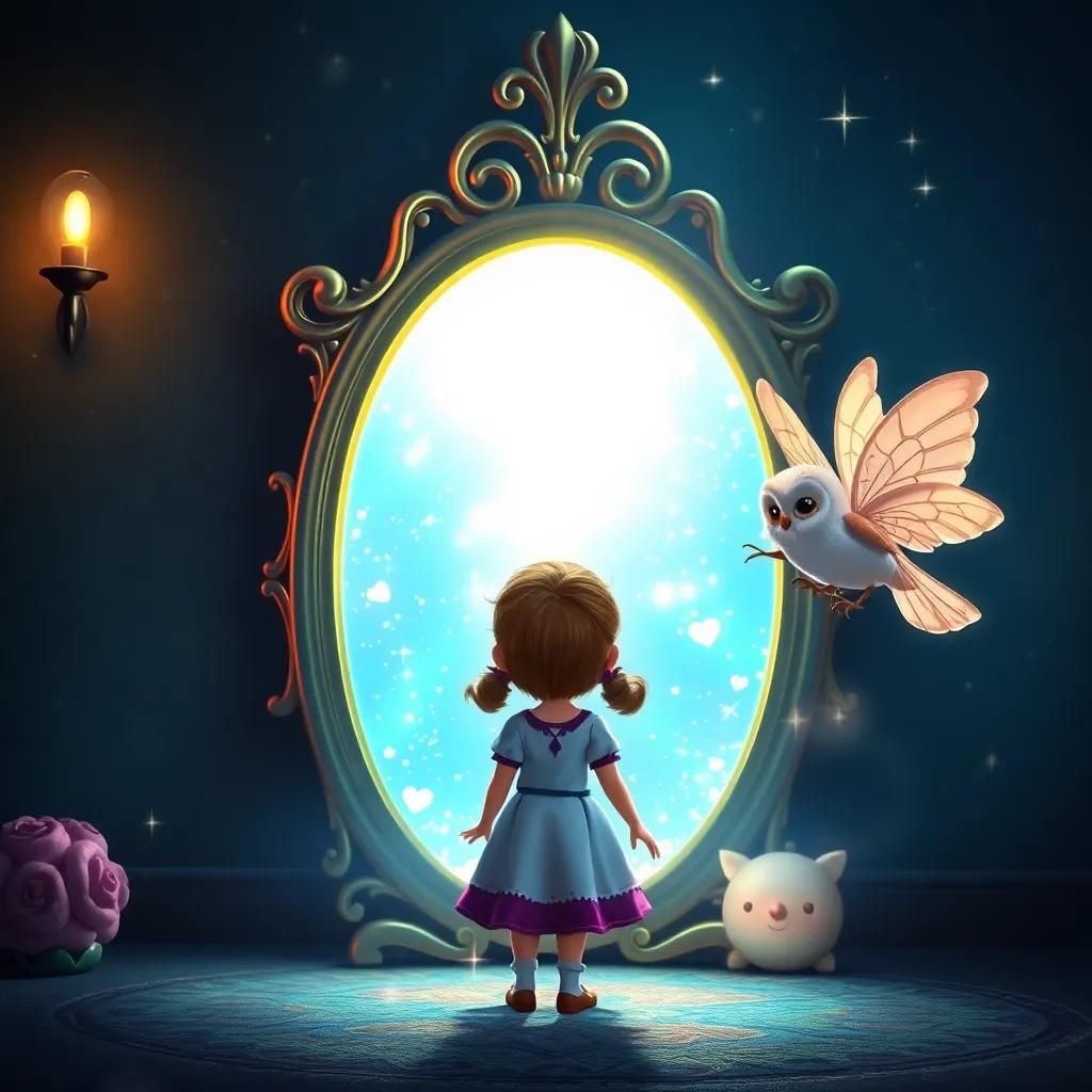 The enchanted mirror glowing brightly, with Sophie in front of it, the owl and fairy cheering her on, sparkles and bright light, magical atmosphere