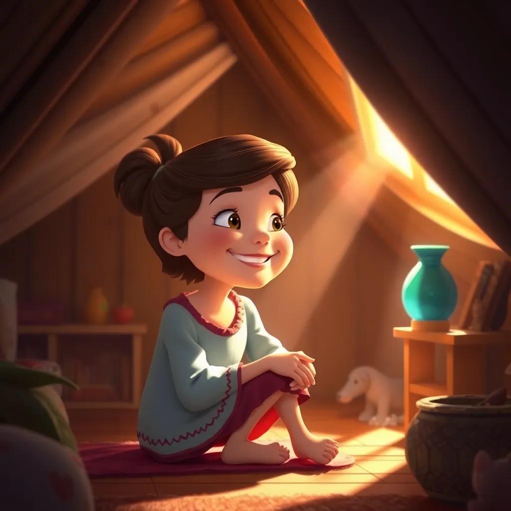 Sophie back in her attic, smiling and reflecting on her adventure, surrounded by sunlight pouring in through the window, warm inviting scene, joyful illustration