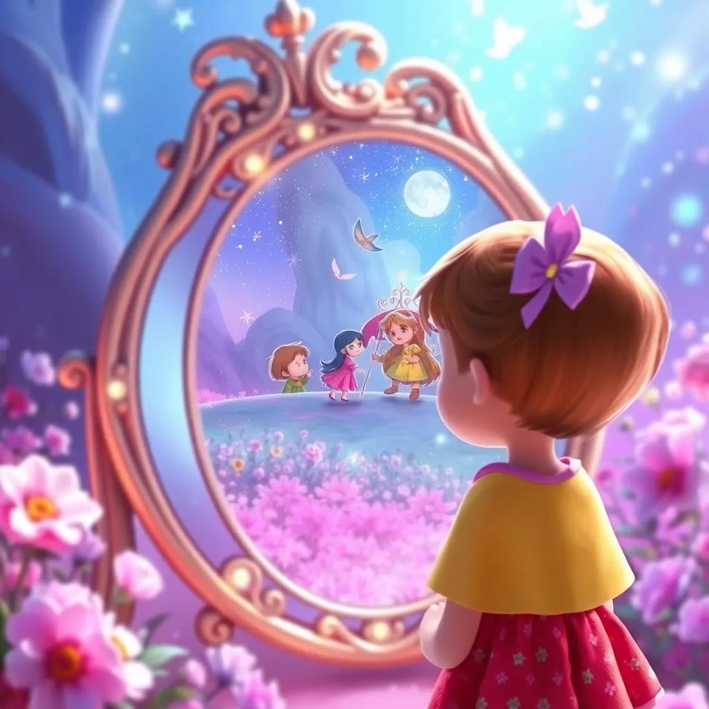 Sophie looking into her mirror again, imagining her friends in the magical land, bright colors, dreamy atmosphere, whimsical and inviting