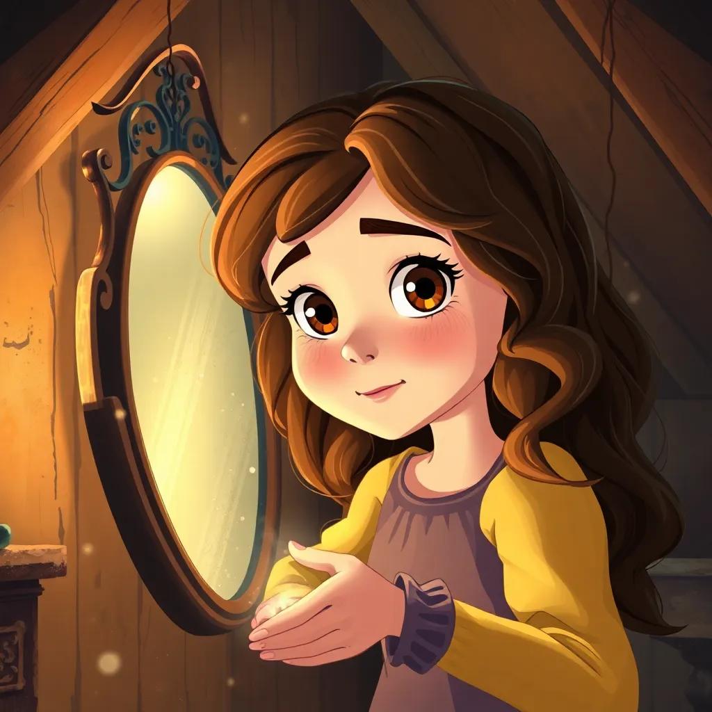 A brave girl, Lila, with sparkling brown eyes and long, wavy brown hair, discovering an old, shiny mirror in her attic, surrounded by dust and light, illustration, magical atmosphere, warm colors, inviting scene, high quality