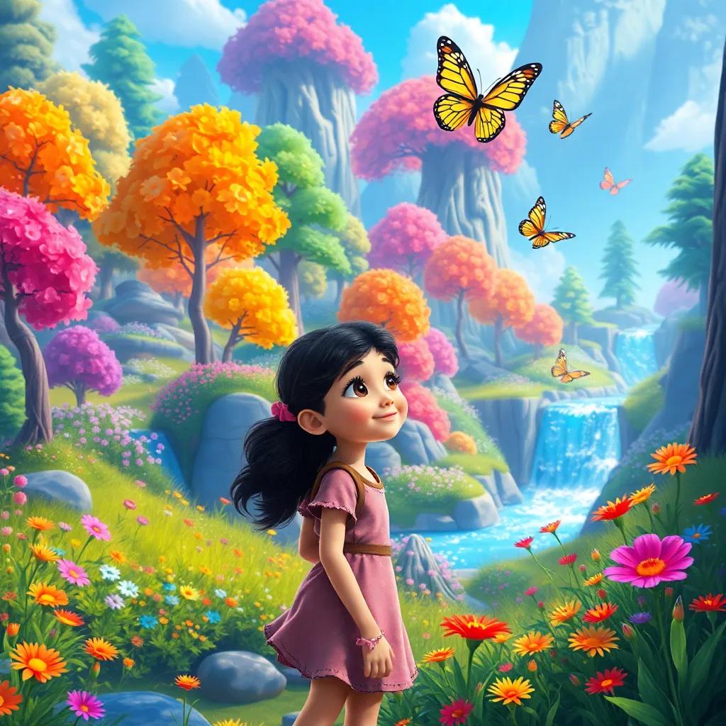 A magical land with colorful tall trees, sparkling rivers, and bright flowers, with Lila, a brave girl, looking around in awe, butterflies flying in the air, vibrant colors, joyful scene, child-friendly, high detail