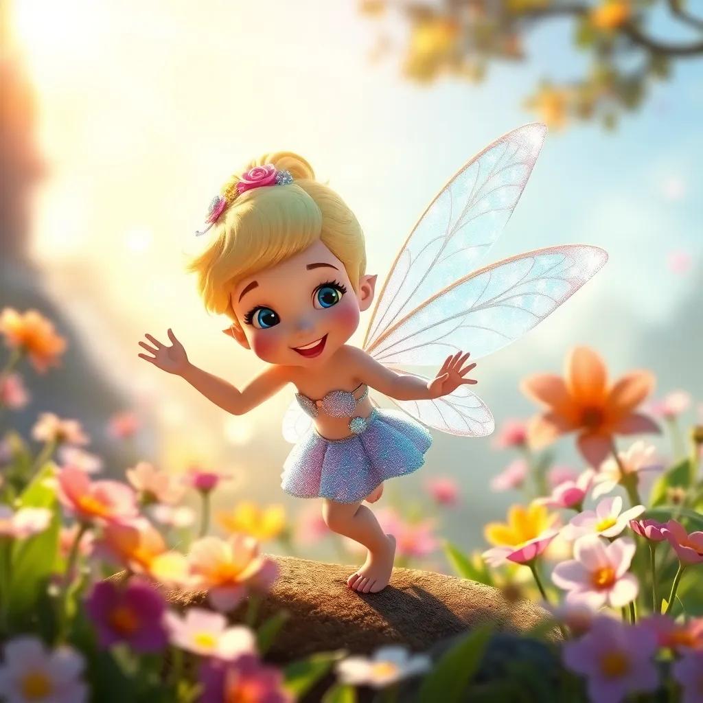 A tiny fairy named Twinkle with shimmering wings, excitedly greeting Lila in the magical land, surrounded by colorful flowers and soft sunlight, whimsical style, cheerful ambiance, charming, high quality