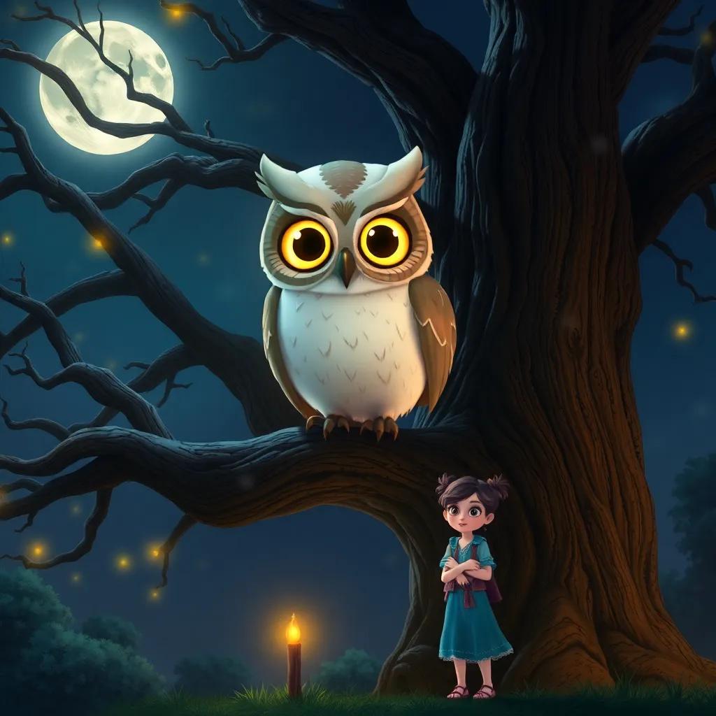 A wise Moon Owl with big, glowing eyes, perched on a great oak tree, Lila standing in front of him with a determined expression, nighttime setting, magical atmosphere, enchanting colors, friendly vibe, high quality