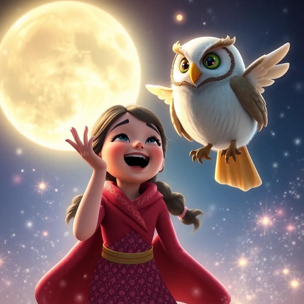Lila joyfully shouting her answer to the second riddle, with the Moon Owl smiling approvingly, surrounded by sparkling dust and bright lights, magical art style, ambient glow, high quality