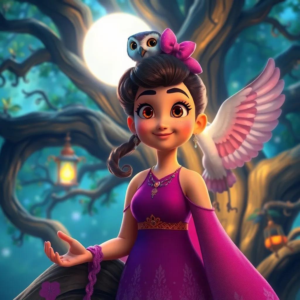 Lila confidently answering the last riddle, the Moon Owl flapping his wings happily, cozy oak tree background with magical elements, vibrant colors, engaging atmosphere, high detail