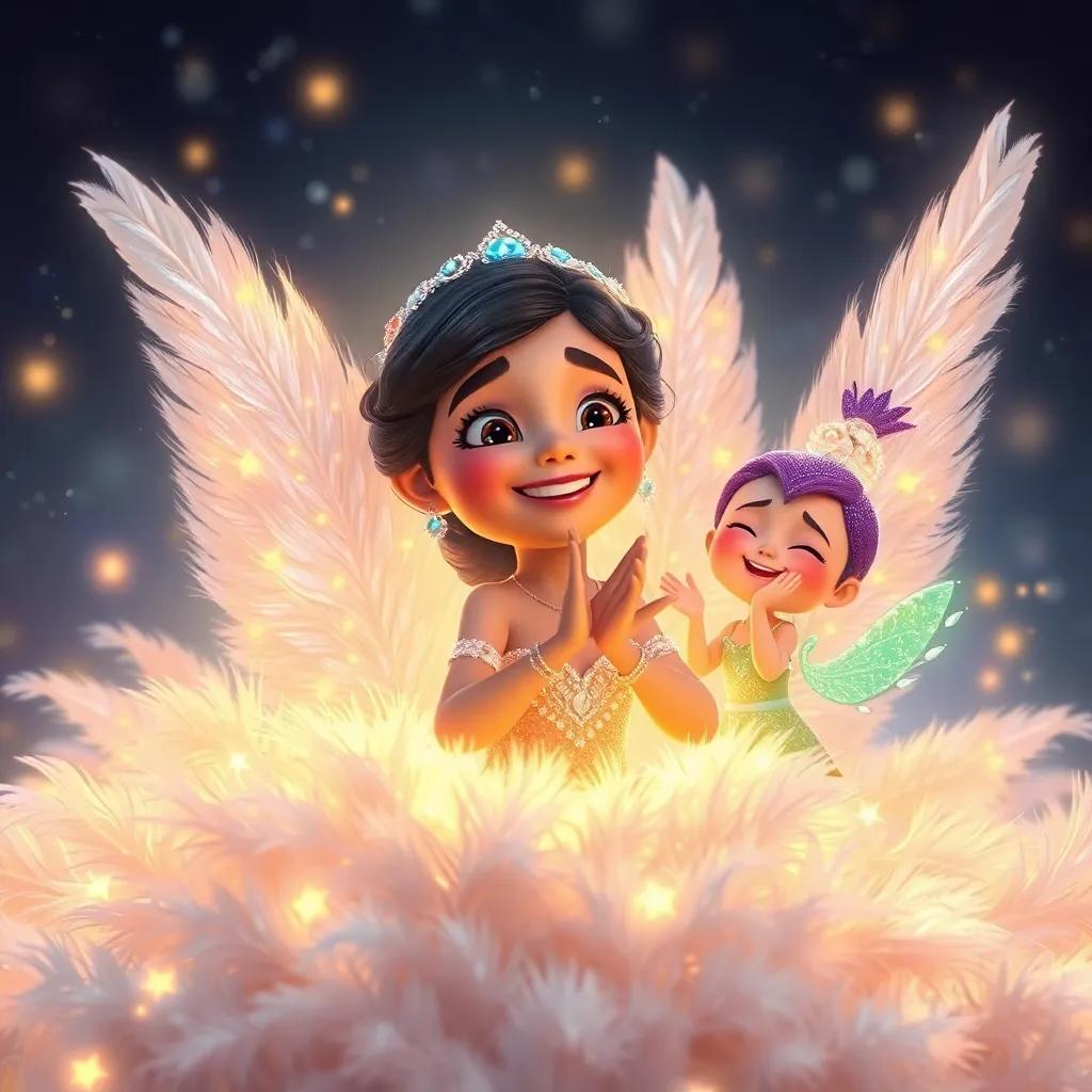 Lila surrounded by glowing silver feathers, feeling warmth and happiness, with Twinkle clapping her hands in joy, enchanted setting with sparkling lights, bright colors, heartwarming scene, high quality