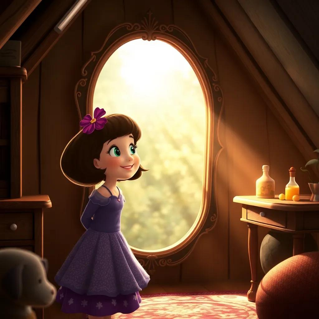 Lila looking at the enchanted mirror in her attic, smiling after her adventure, soft sunlight streaming through, warm atmosphere, magical ambiance, nostalgic quality, high detail