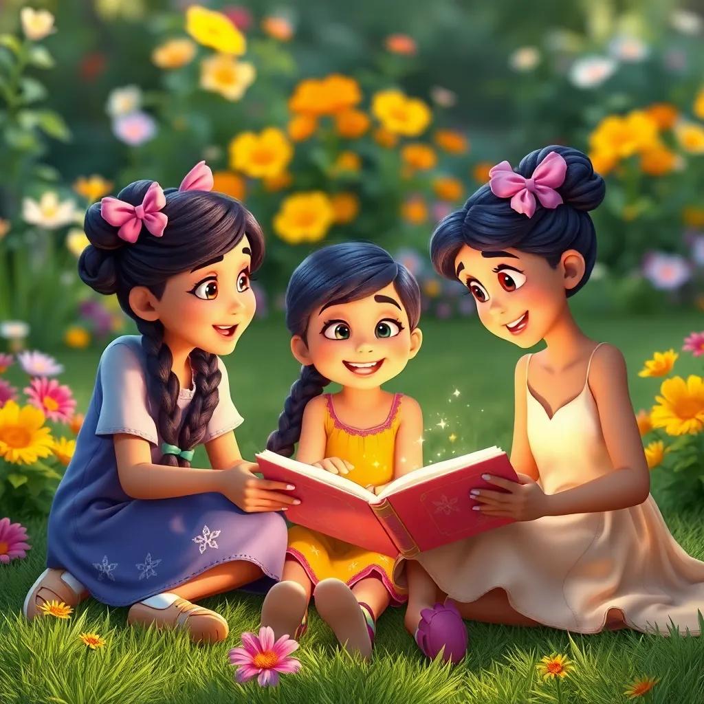 Lila sharing her magical stories with friends, sitting together on the grass, everyone smiling and dreaming big, cozy garden background, colorful flowers, cheerful scene, high quality