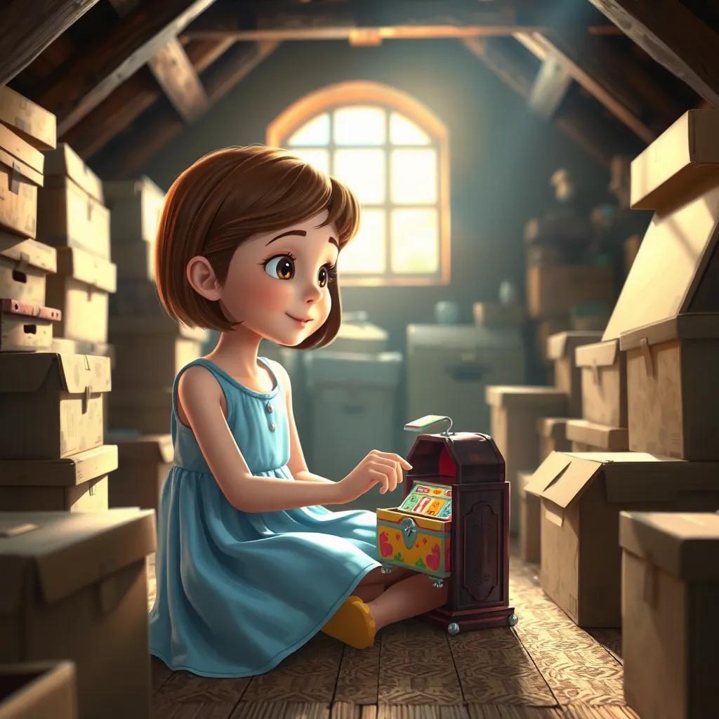 A young girl, Emma, with short brown hair wearing a light blue dress, sitting in an attic filled with old boxes, sunlight streaming through the window, discovering a colorful music box, digital art, cheerful atmosphere, warm light, vibrant colors, high quality