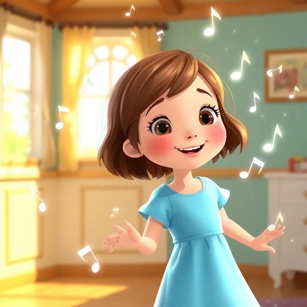 Emma, a young girl with short brown hair in a light blue dress, surrounded by dancing musical notes, twinkling and sparkling in the air, in a sunny room, creating a joyful scene, illustration, whimsical, child-friendly, dynamic