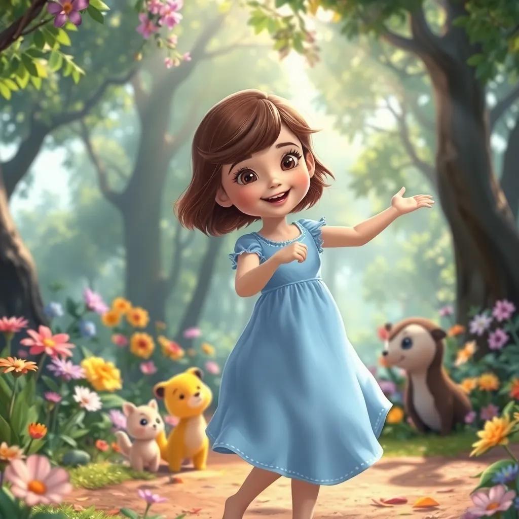 A young girl, Emma, with short brown hair in a light blue dress, dancing joyfully in a dreamy forest, filled with colorful flowers and friendly animals, vibrant colors, sunlight filtering through leaves, enchanting vibe, illustration, high quality