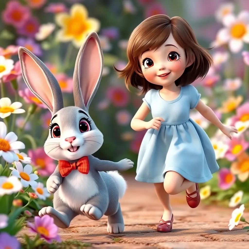 Emma, a young girl with short brown hair in a light blue dress, hopping alongside a cheerful bunny named Benny with a tiny bowtie, surrounded by blooming flowers, colorful, joyful atmosphere, playful, digital art, inviting