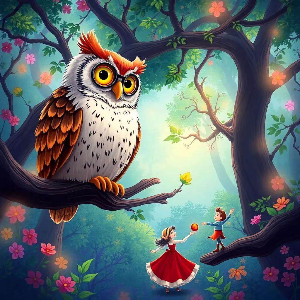 A wise old owl named Oliver with big glasses sitting on a branch, watching Emma and Benny dance below, in a magical forest full of vibrant colors, whimsical atmosphere, friendly and inviting, illustration, high quality