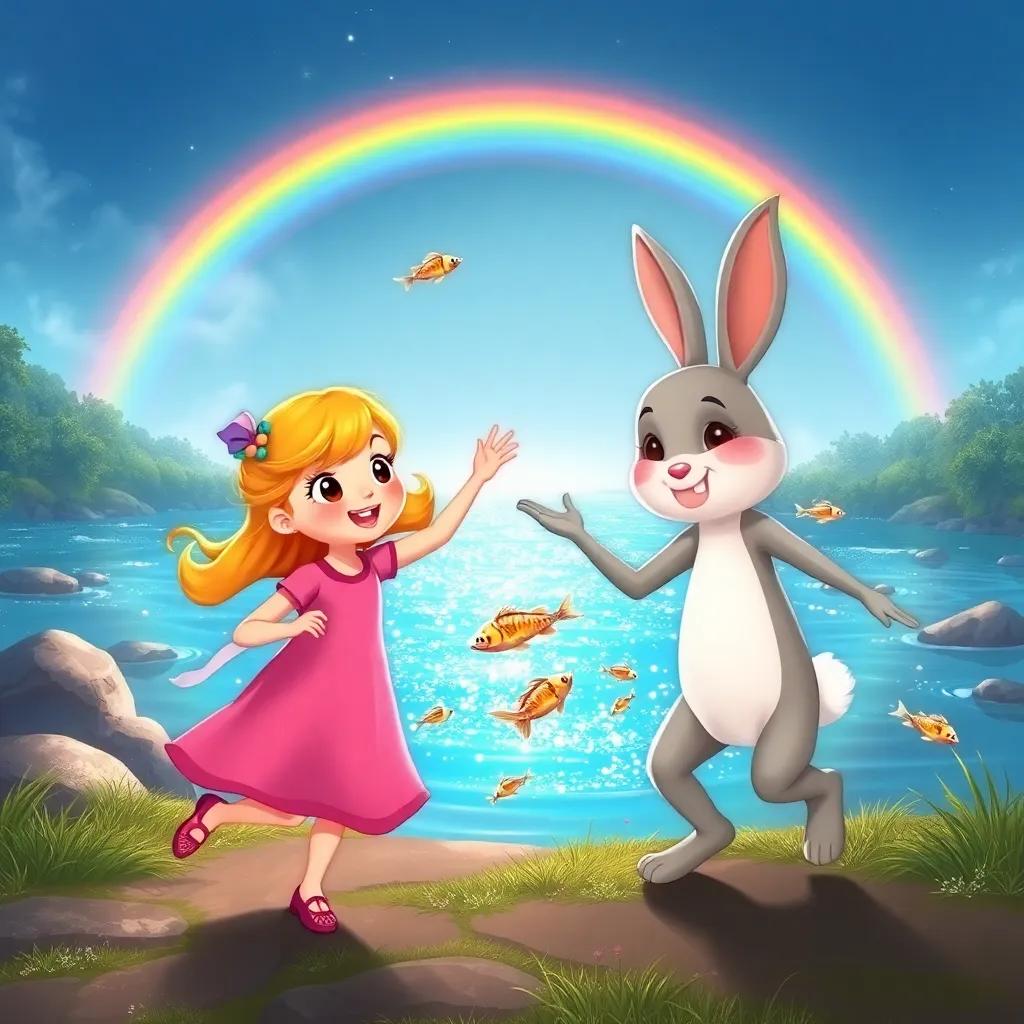 Emma and Benny, a young girl and a bunny, dancing near a sparkling river with dancing fish jumping out of the water, a rainbow arcing over them, magical atmosphere, cheerful, illustration, bright colors, captivating