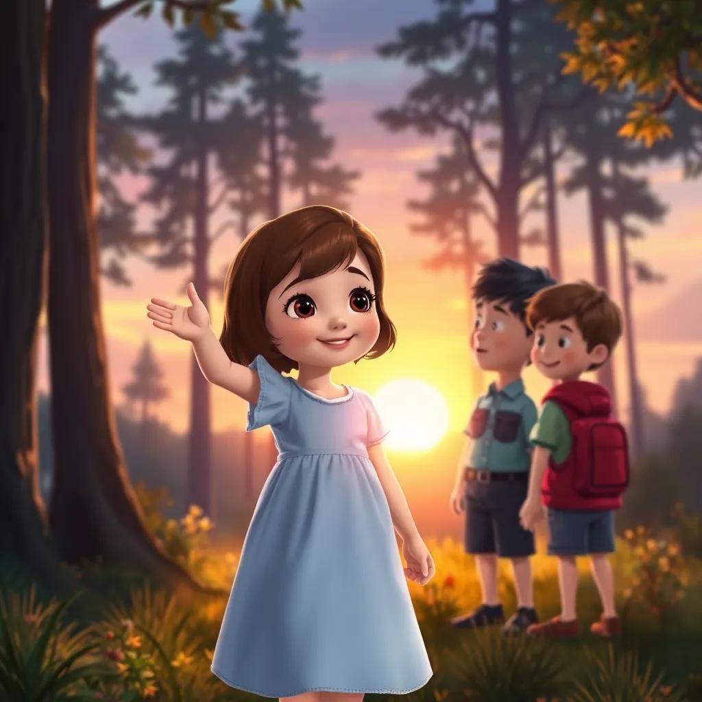 Emma, a young girl with short brown hair in a light blue dress, waving goodbye to Benny and Oliver in the forest as the sun sets, creating a warm glow, heartwarming scene, digital painting, colorful, emotional