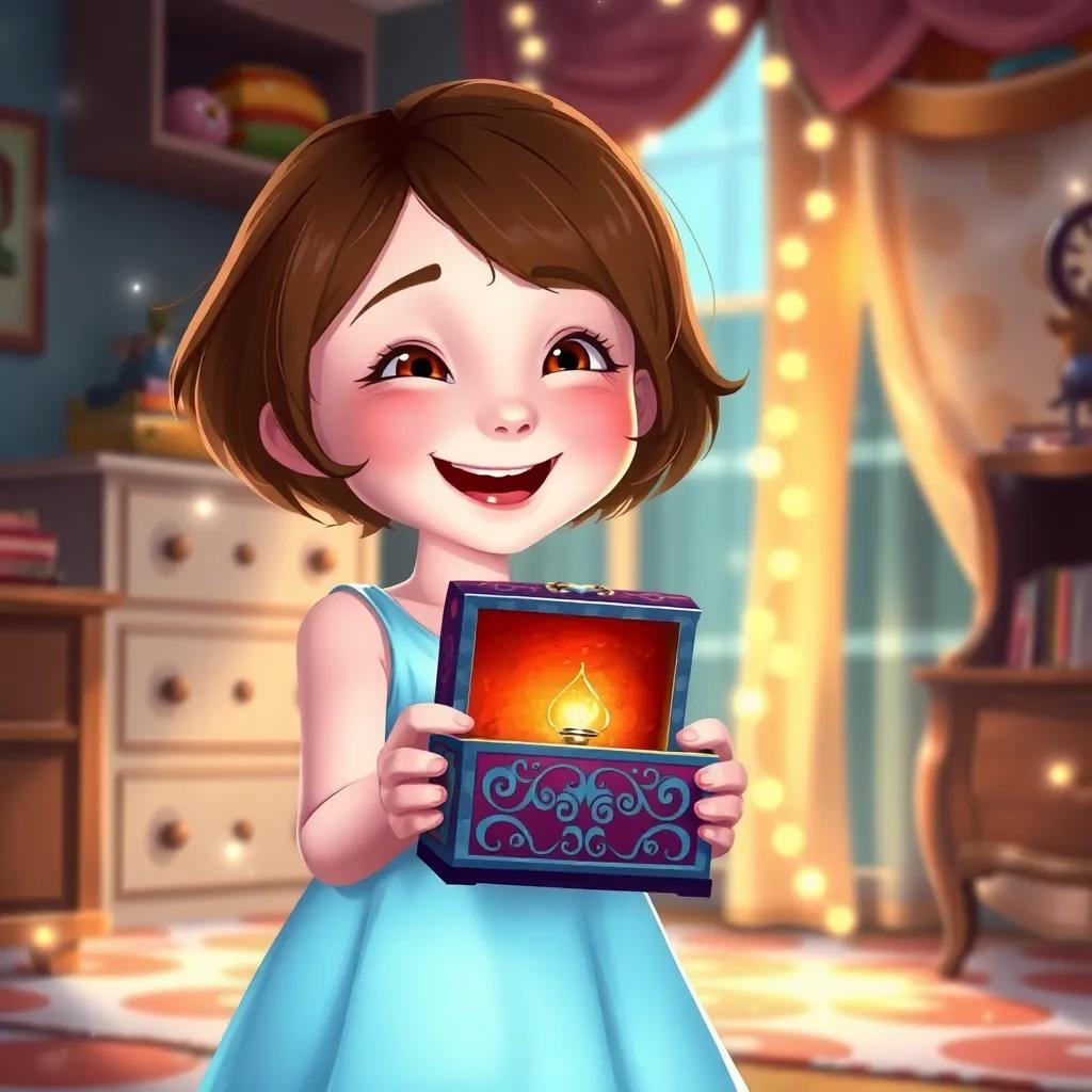 A young girl, Emma, with short brown hair in a light blue dress, joyfully holding the enchanted music box in her room, shimmering lights around her, creating a lively atmosphere, illustration, vibrant colors, fantasy style