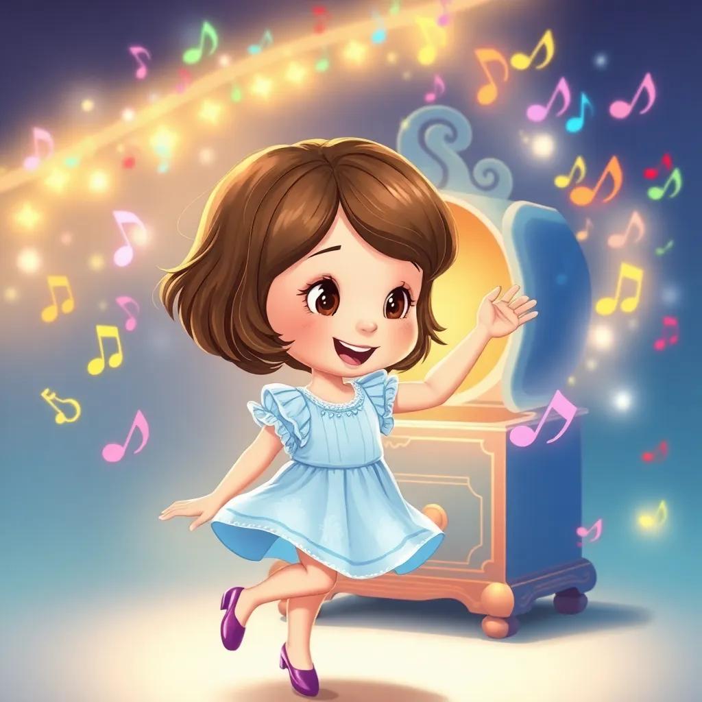 Emma, a young girl with short brown hair in a light blue dress, dancing to the music from the enchanted music box, surrounded by colorful musical notes, bright and joyful, high quality, whimsical style, illustration