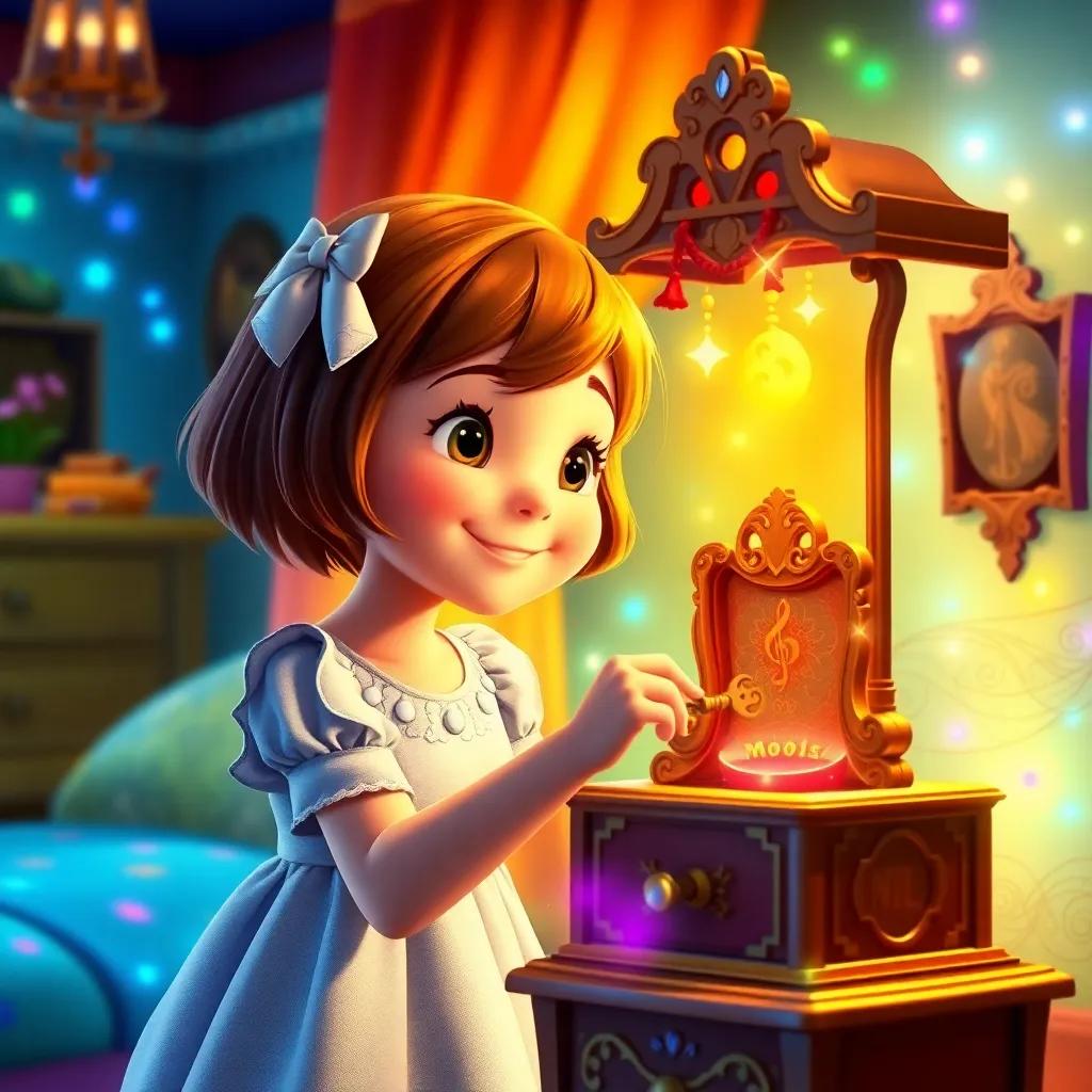 Emma, a young girl with short brown hair in a light blue dress, smiling as she turns the key on the enchanted music box, her room filled with magical lights and colors, cheerful atmosphere, vibrant, digital art, high quality