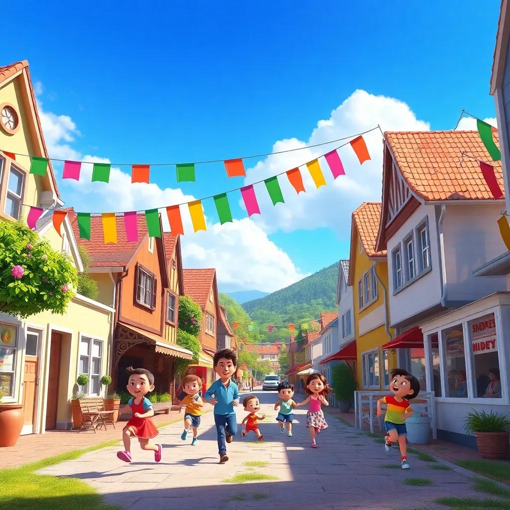 In a small town named Harmony, cheerful children run and play, enjoying music from a nearby stage, colorful banners hanging from buildings under a bright blue sky, digital art, vibrant colors, joyful atmosphere, cheerful scene, high quality