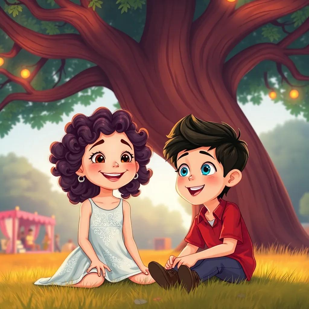 Lila, a cheerful girl with curly hair, wearing a sparkling dress, sits under a big oak tree with Max, a boy with bright blue eyes in a red shirt, looking excited about the music festival, illustration, warm colors, friendly expression, charming setting, high quality