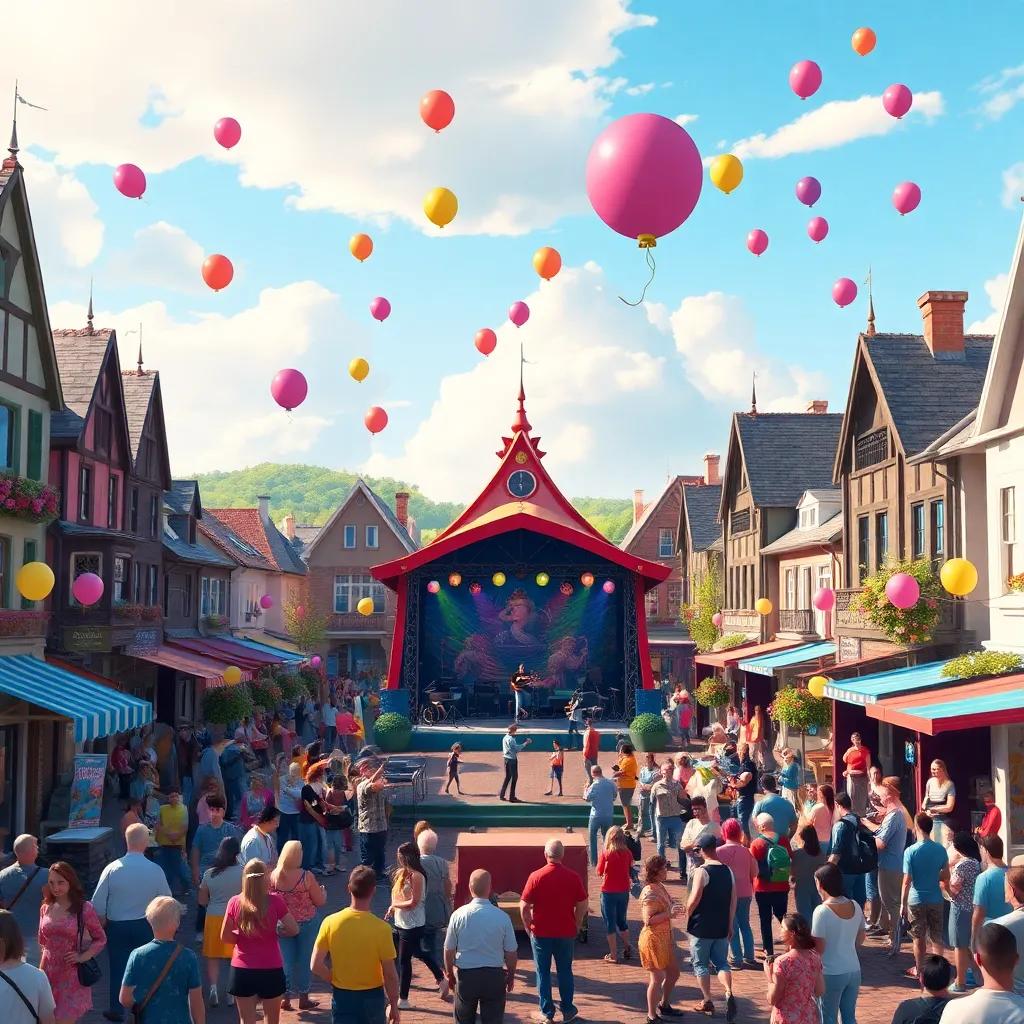A bustling town square filled with people setting up for the Enchanted Music Festival, colorful decorations and balloons in the sky, musicians rehearsing on stage, digital art, lively atmosphere, bright colors, engaging scene, high quality