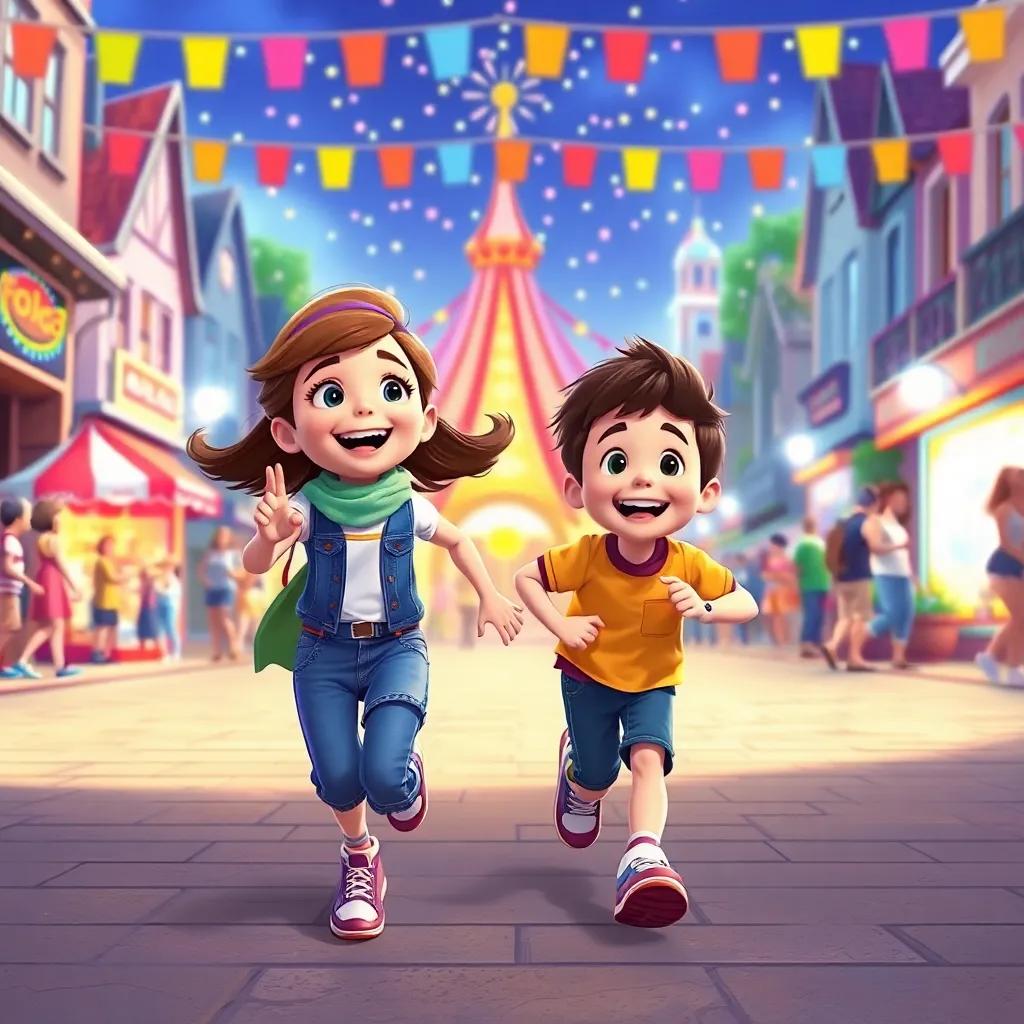 Lila and Max in their favorite clothes, running happily towards the festival in the town square, filled with laughter and joyful faces, illustration, cheerful colors, vibrant energy, child-friendly scene, high quality