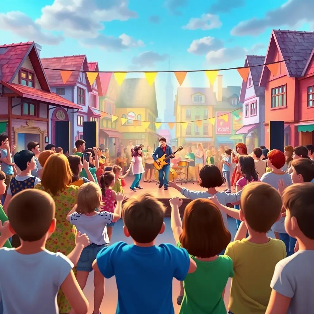 A crowd of happy people dancing as a cheerful band plays music on stage, children twirling and singing together in the town square, digital art, colorful and lively atmosphere, joyful and engaging scene, high quality