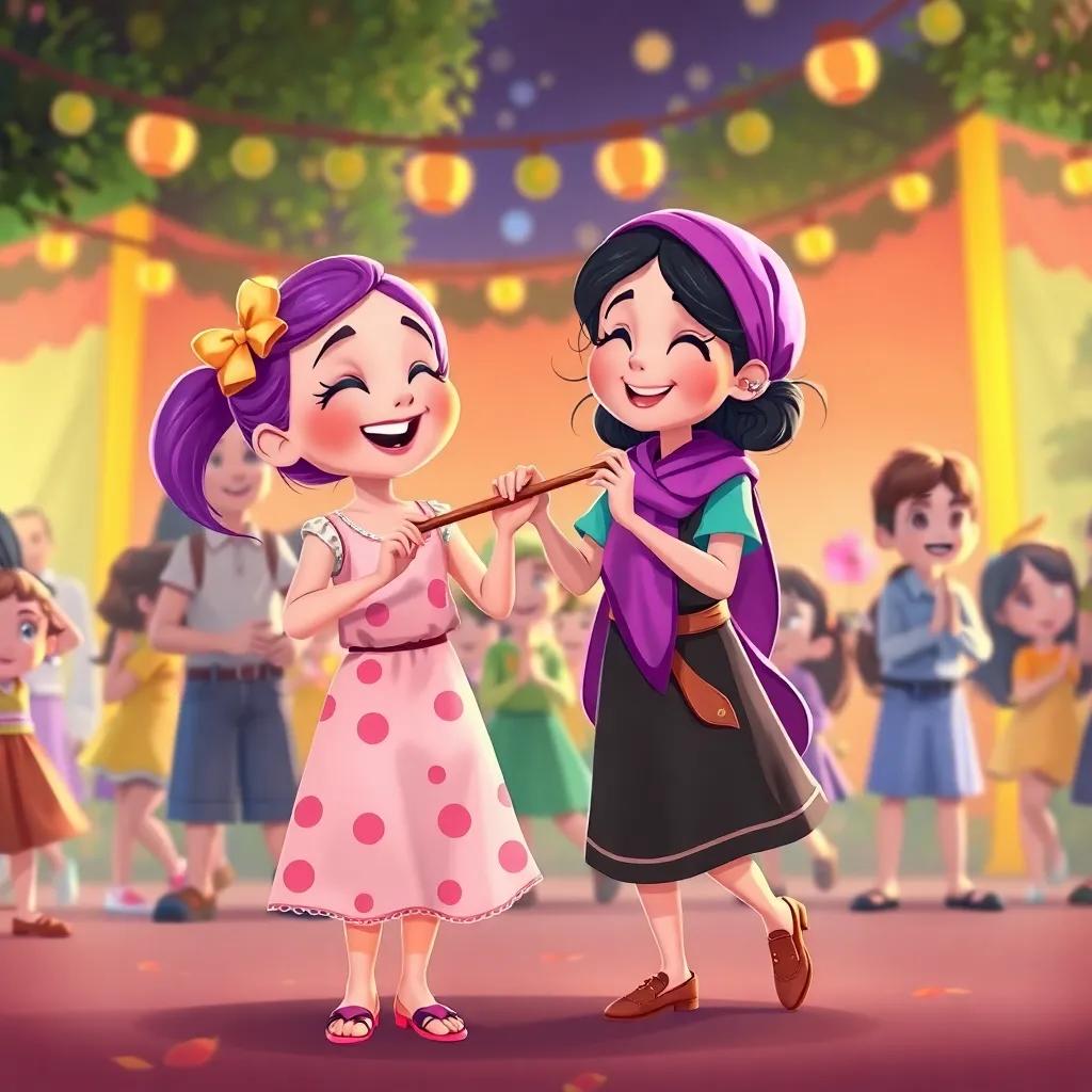 Lila, now with new friend Mia, who plays a lovely flute, both girls laughing and dancing together, surrounded by other children enjoying the festival, illustration, warm and inviting colors, playful atmosphere, high quality