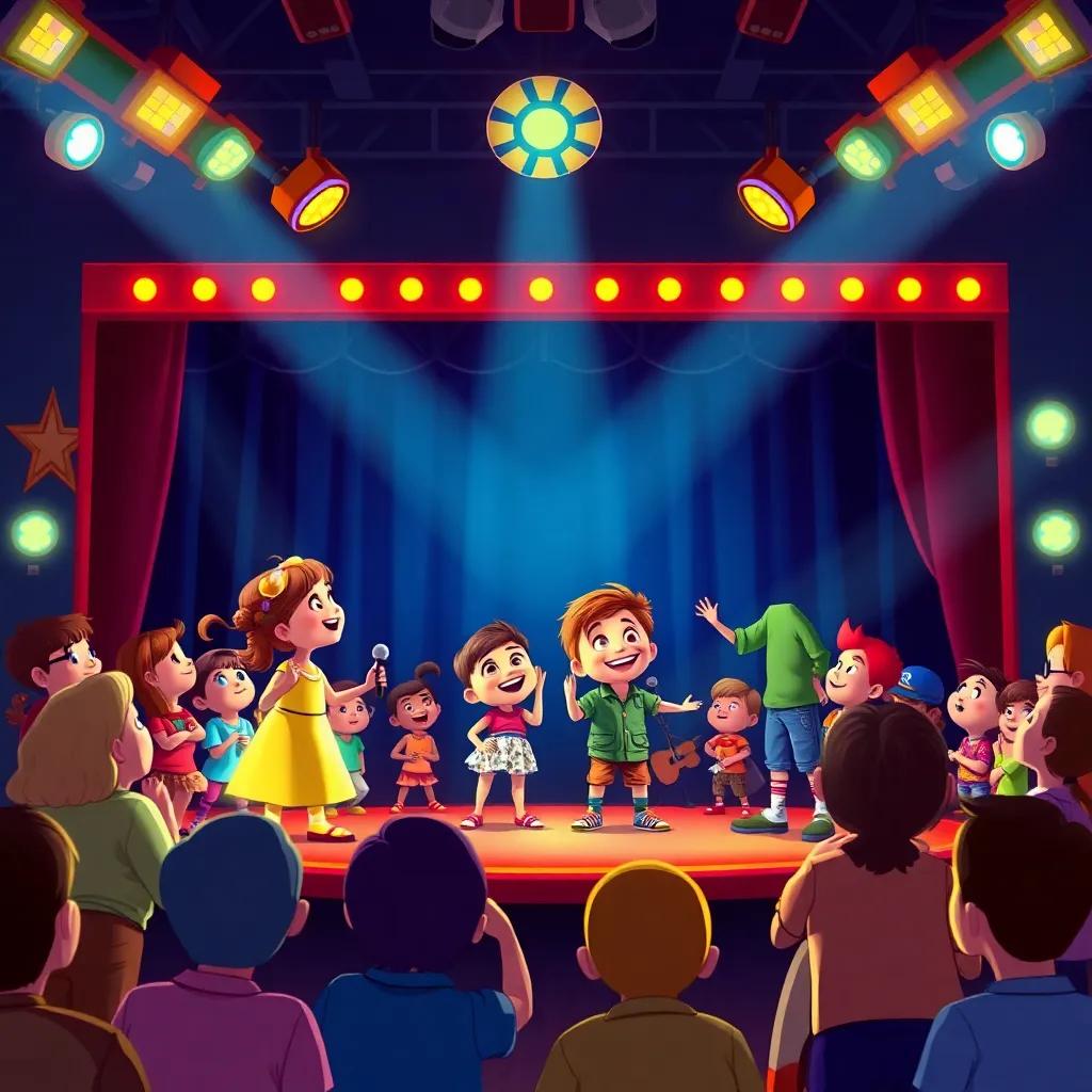 A talent show stage filled with children performing entertaining acts, Lila and Max making everyone giggle with their funny skit, digital art, bright colors, fun and energetic atmosphere, engaging scene, high quality