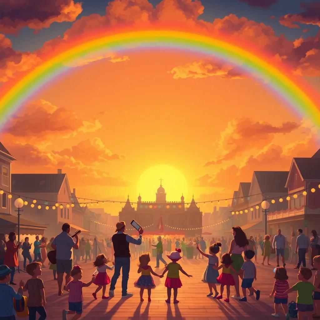 A sunset with a beautiful rainbow over the town square during the festival, musicians joining together for a grand finale, children and families holding hands and dancing, illustration, warm tones, magical scene, high quality
